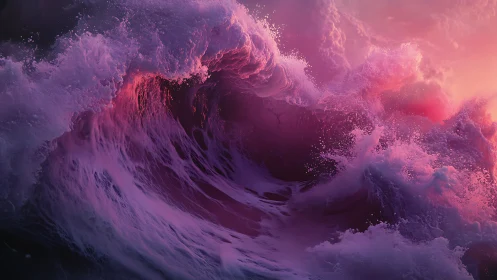 Violet storm wave curls toward glowing sunset horizon