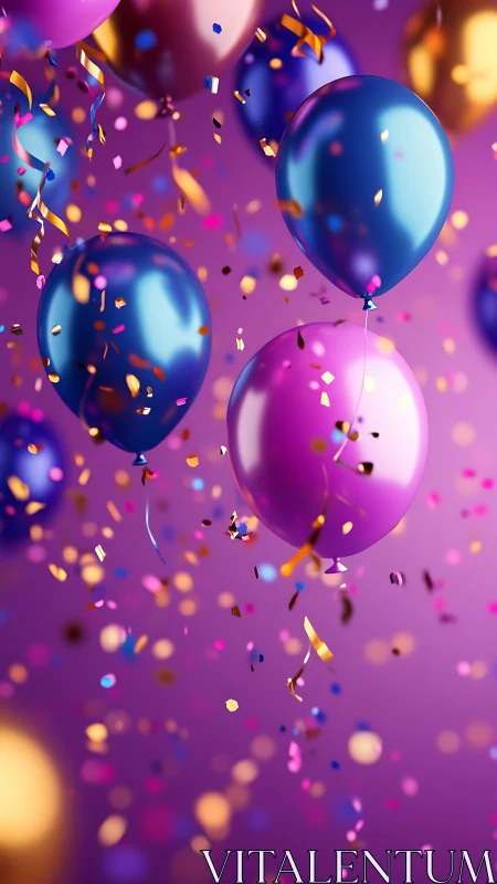 Vibrant balloons burst amid confetti against purple gradient.