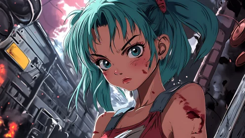 Battle-ready teal-haired heroine in a smoky metal wasteland.