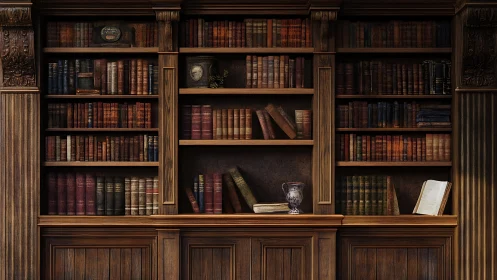 Cozy vintage library shelves filled with worn story treasures.