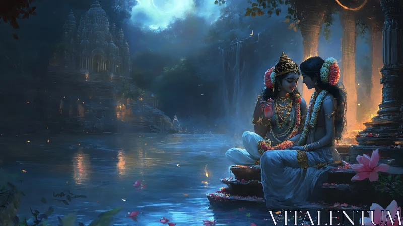 Divine lovers rest by moonlit river amid glowing temple ruins.