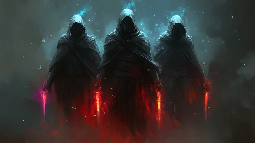 Hooded spectral figures with glowing red and violet blades.