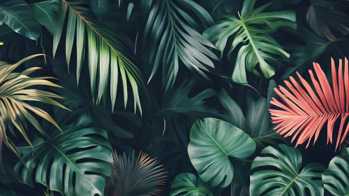 Tropical foliage fills frame with layered lush green leaves