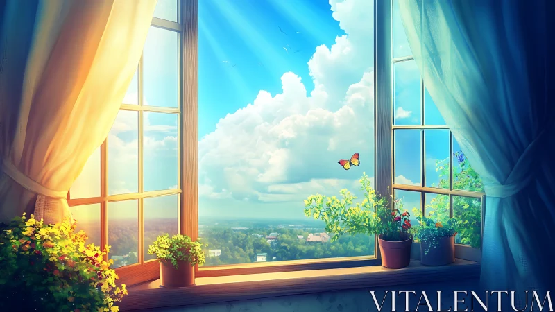 Open window view with potted plants and distant landscape.