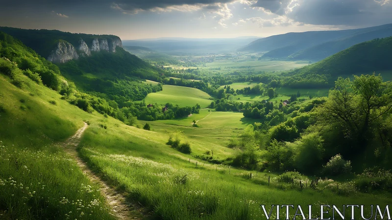 Photorealistic panoramic valley with luminous green hillsides.