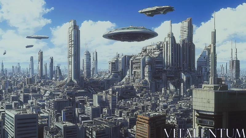 Futuristic sci fi megacity skyline with flying vehicles.