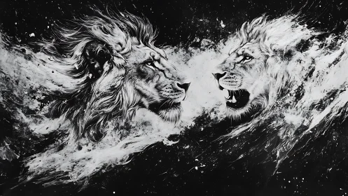 Two Lions Face-Off: Dramatic Black and White Confrontation.
