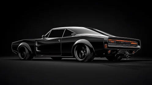 Midnight muscle car render with glossy black reflections.