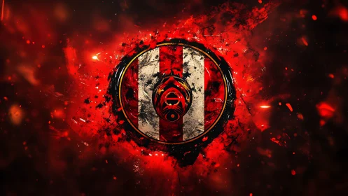 Circular emblem overlays vertical stripes on red explosion