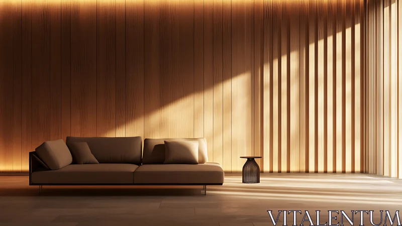 Sunlit slatted sanctuary lets a quiet sofa steal the scene