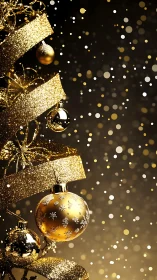 Specular golden ornaments on ribbon-wrapped festive tree spiral.