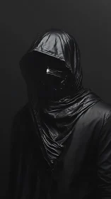 Hooded masked figure in dark monochrome portrait photograph.