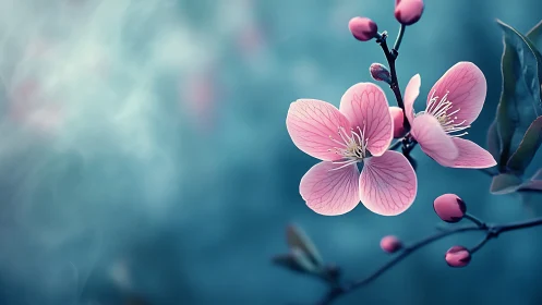 Pink blossom macro glows against cool teal bokeh haze.