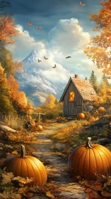 Autumn mountain cabin glows amid pumpkins and swirling leaves.