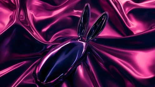 Shiny Metallic Bunny Silhouette on Iridescent Pink Fabric Background.