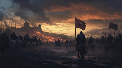 Knights ride toward a burning fortress under ember skies.