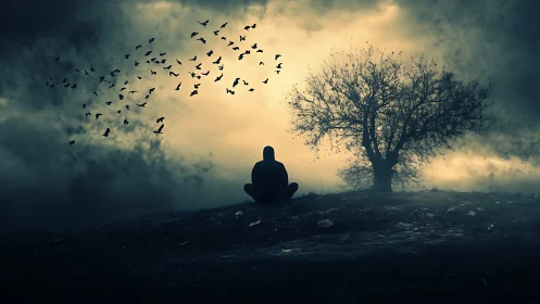 Solitary dreamer beneath stormlit sky and circling birds.