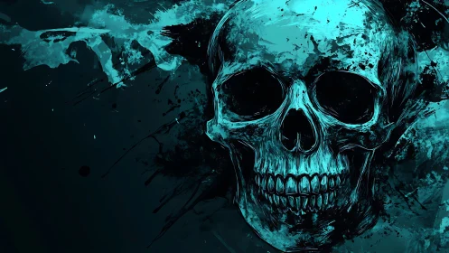 Digital skull portrait in cyan splatter abstraction style.
