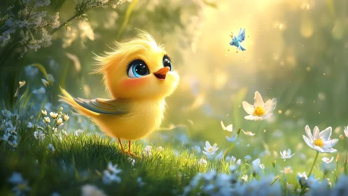 Yellow chick and blue bird in sunlit meadow setting.