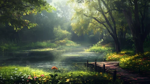 Serene Forest Pond with Wooden Dock in Lush Spring Morning Light.