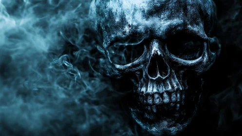 Midnight skull emerges from swirling spectral blue smoke.