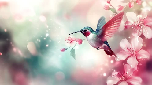 Iridescent hummingbird in mid-flight among soft-focus sakura blooms