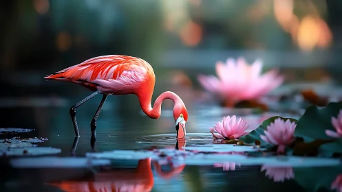 Flamingo in shallow pond among pink water lilies at dusk.