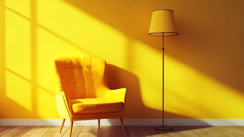 Sunlit yellow reading nook with bold monochrome glow.
