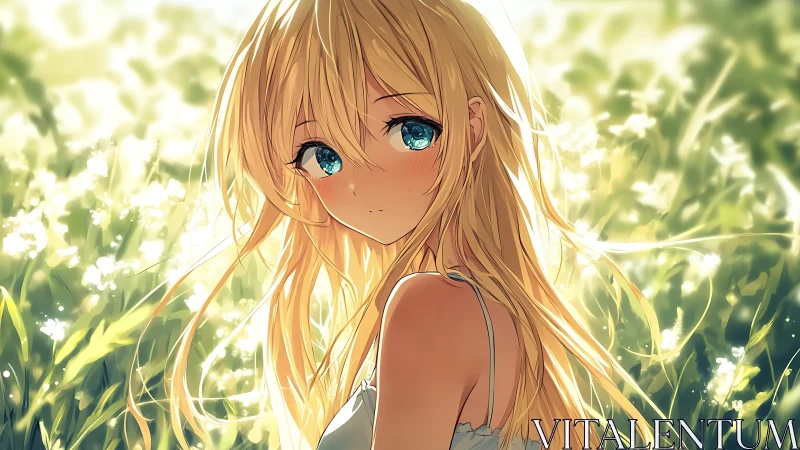 Blonde anime character stands in backlit grassy field
