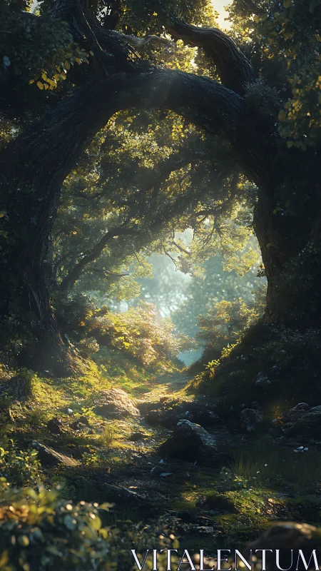 Ancient Tree Hollow Portal Golden Forest Light.