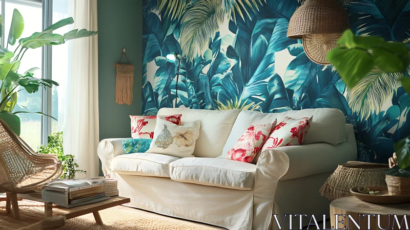 White sofa in tropical themed living room with bold wallpaper