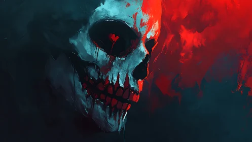 Digital painting of flaming skull in high-contrast chiaroscuro.