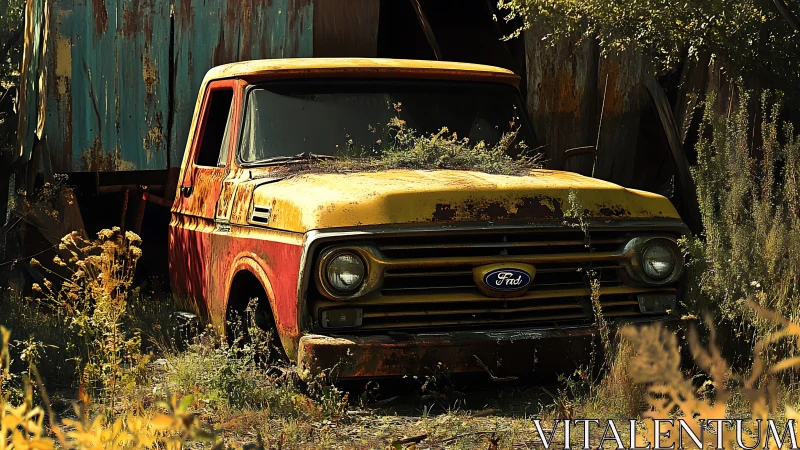 Weathered yellow farm truck rests quietly in wild overgrowth