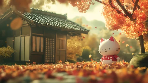 Chibi lucky cat figurine in autumnal Japanese garden setting