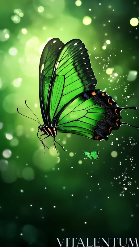 Green butterfly in soft bokeh light on dark background.