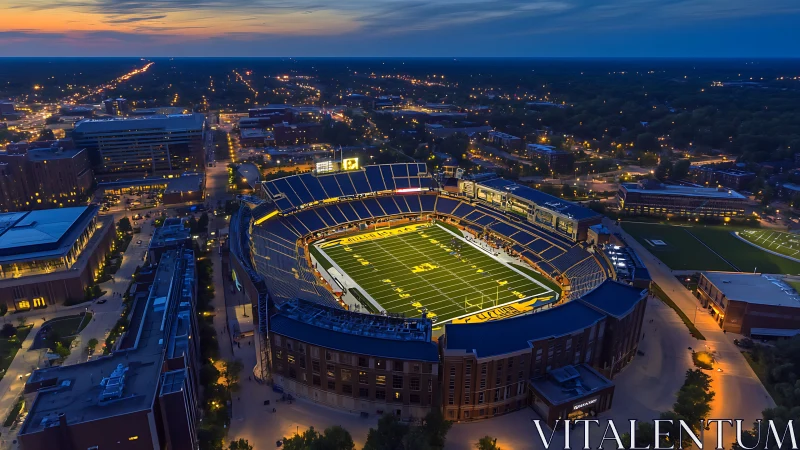 Stadium haloed in twilight, city lights humming beyond.