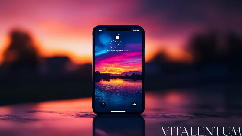 iPhone Lock Screen Displays Vibrant Sunset Reflection.