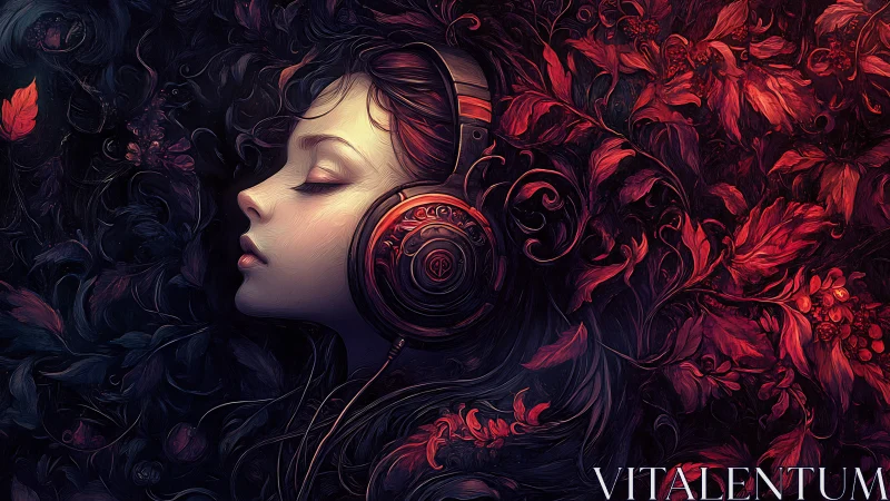 Woman with headphones surrounded by red swirling foliage.