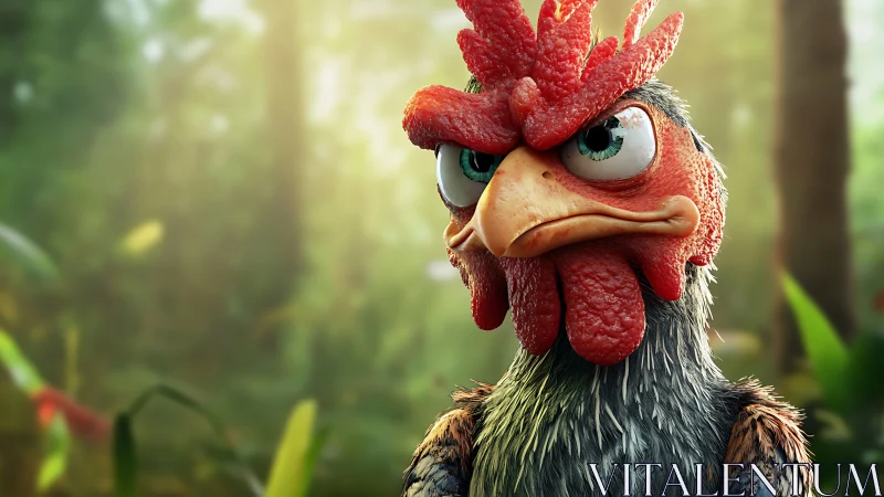 Computer-generated rooster character in forest setting