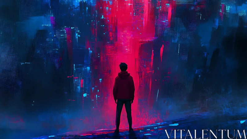 Solitary figure confronts neon data void in abstract cyber alley