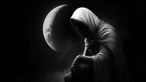Hooded faceless figure crouched before crescent moon.