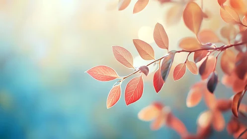 Delicate Autumn Leaves on Branch, Soft Pastel Nature Artwork.