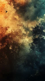 Moody forest canopy under dramatic fiery and teal sky.