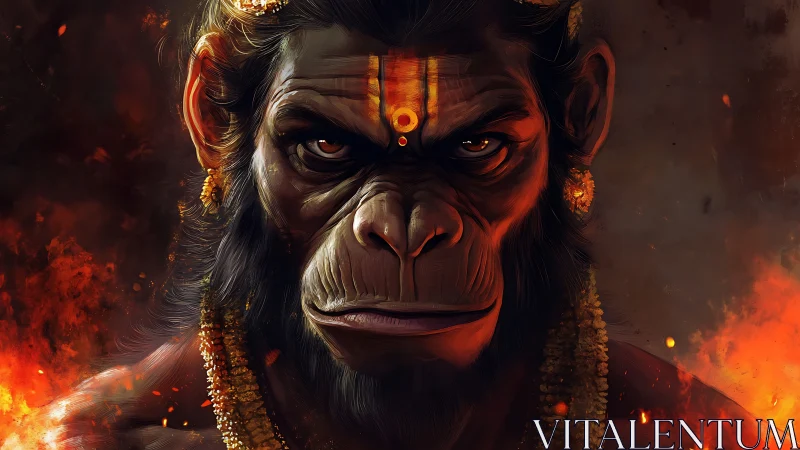 Mythic simian warrior framed by embers and shadowed fire