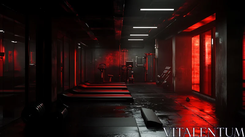 Parametric red-lit gym interior with treadmills and cable rigs.