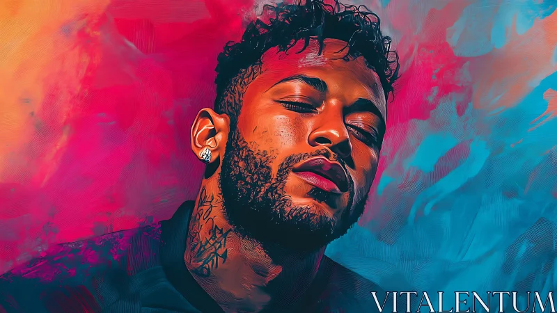 Neon portrait captures serene expression in split color field.