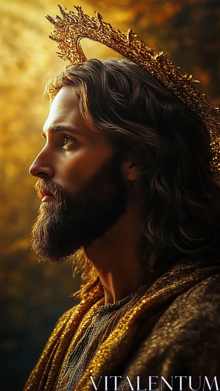 Radiant holy figure in profile beneath golden halo light.