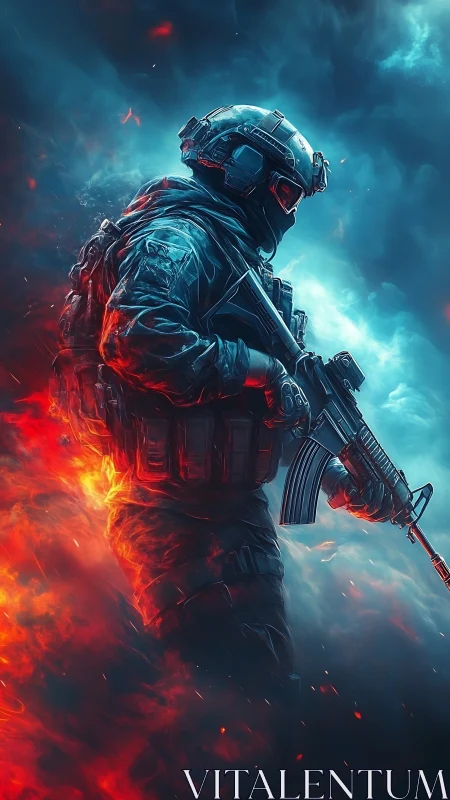 Digital painting of tactical soldier in inferno-ice contrast.