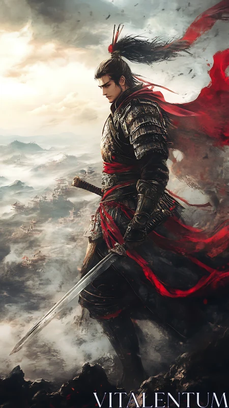 Armored swordsman stands over mist covered valley battlefield