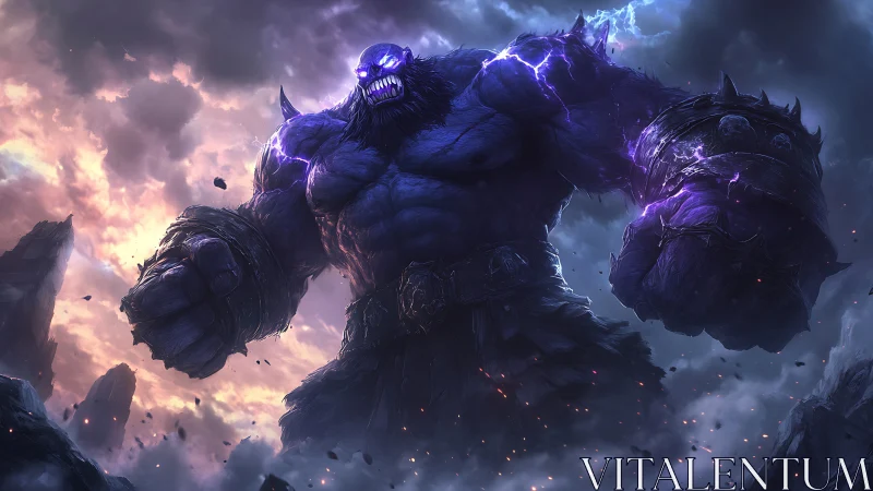 Colossal thunder titan roaring amid stormlit ruins.